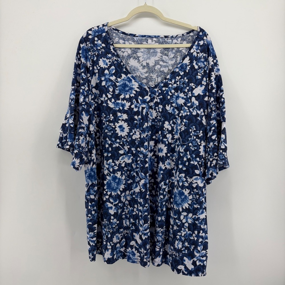 Woman Within Womens 2X Blue Floral Tunic V-Neck Tiered Flutter Sleeve Top
